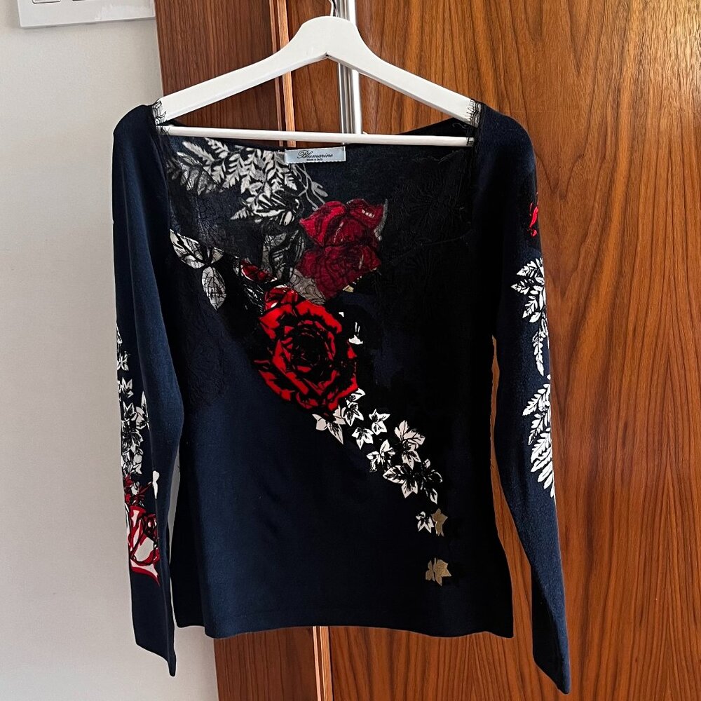 BLUMARINE Rose print top with lace inserts